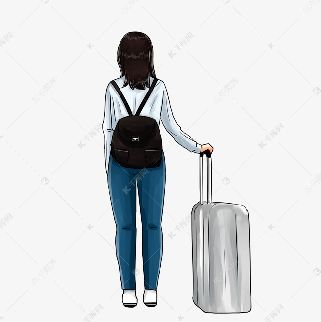 春节回家春运旅行旅游手绘卡通女孩背影行李箱素材-千