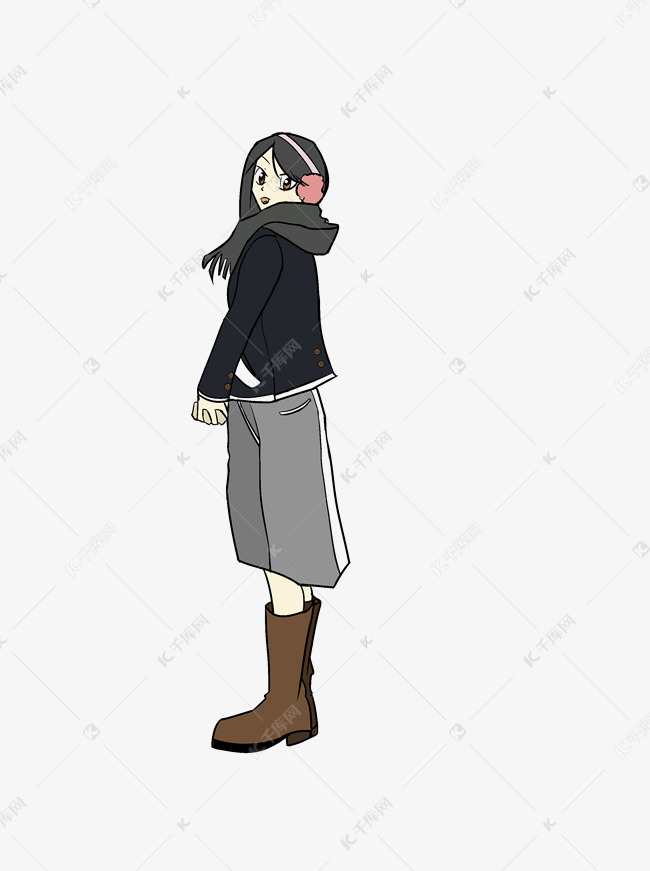 手绘全身侧身带耳机的女孩