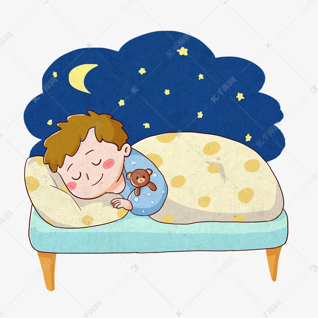 免抠元素 手绘q版本 夜里躺在床上安静睡觉的男孩免抠