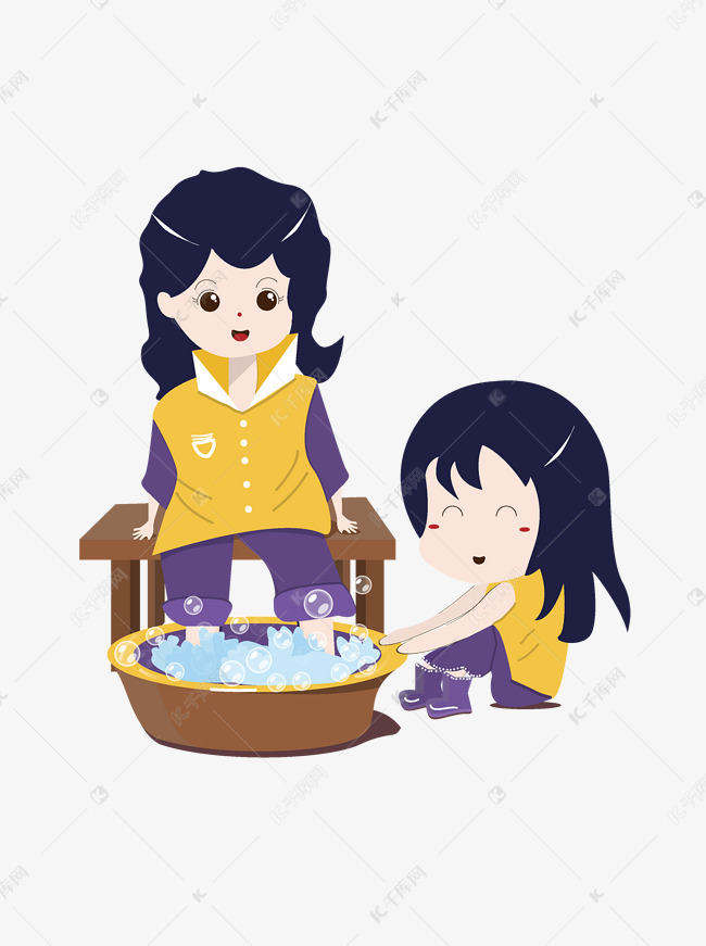手绘卡通母亲节帮妈妈洗脚的孝顺可爱女孩素材图片免费下载_高清psd_千库