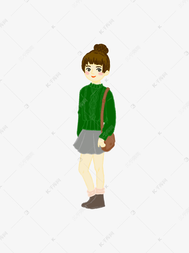 手绘人物绿毛衣灰裙子丸子头女生