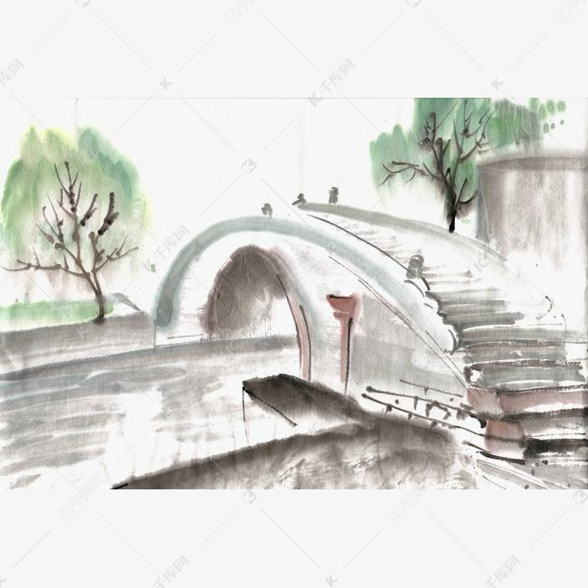 江南的桥水墨画png免抠素材