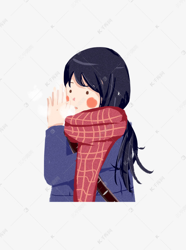 哈气取暖的女孩手绘设计可商用元