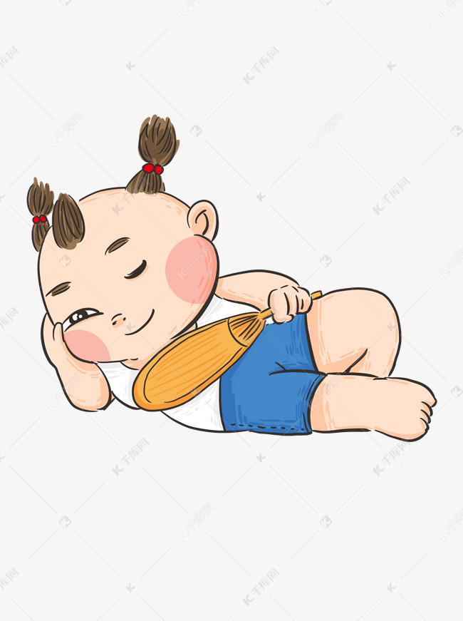手绘卡通托腮侧躺拿着芭蕉扇假寐