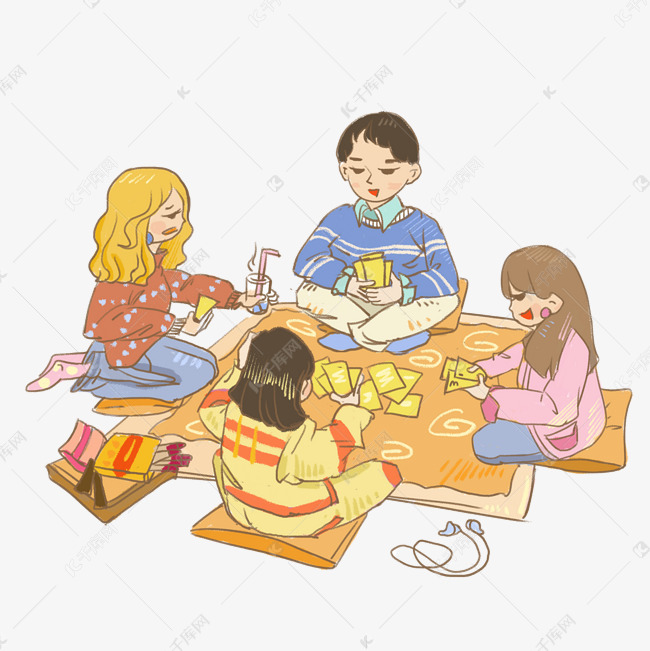 草地聚会野餐卡通手画插画