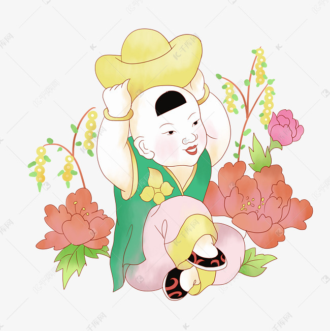拿着金元宝的中国风吉祥娃娃