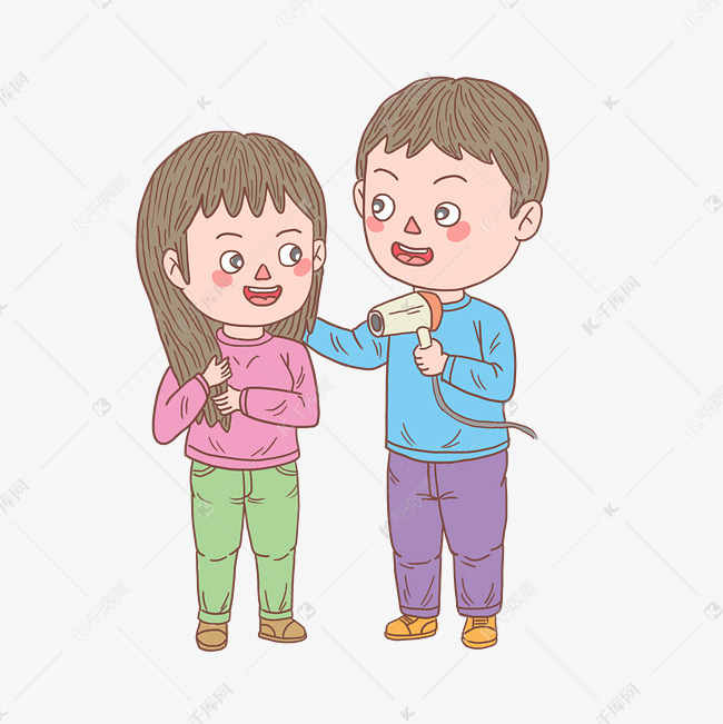 卡通手绘人物谈吹头发情侣