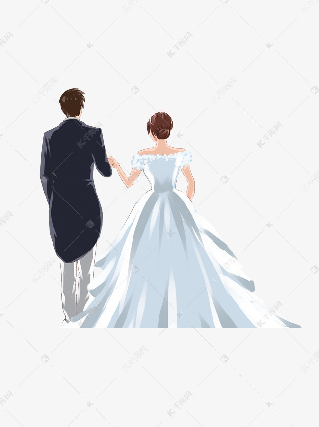 穿礼服手挽手举行婚礼的情侣背影