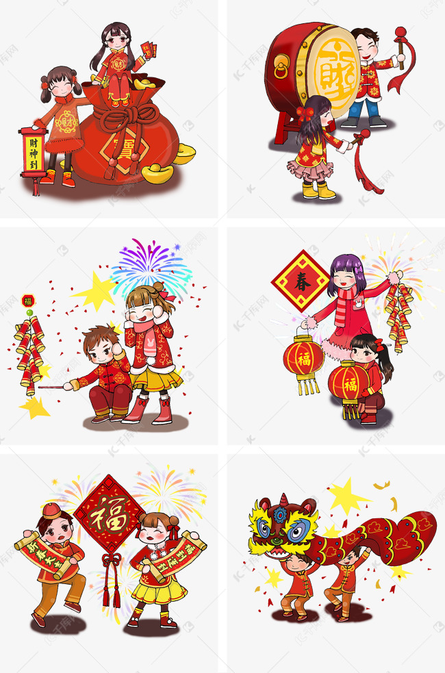 卡通手绘水彩六幅春节主题海报
