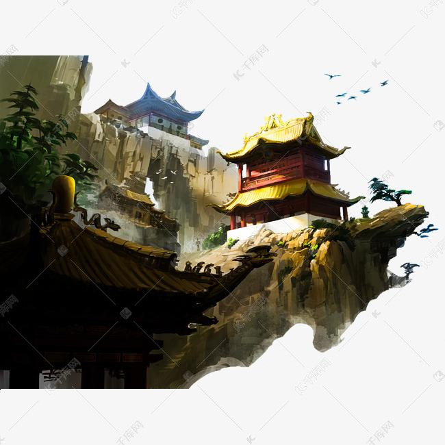手绘古寺的素材免抠水彩绘画古寺山间古寺山崖边的古寺古代寺庙云间