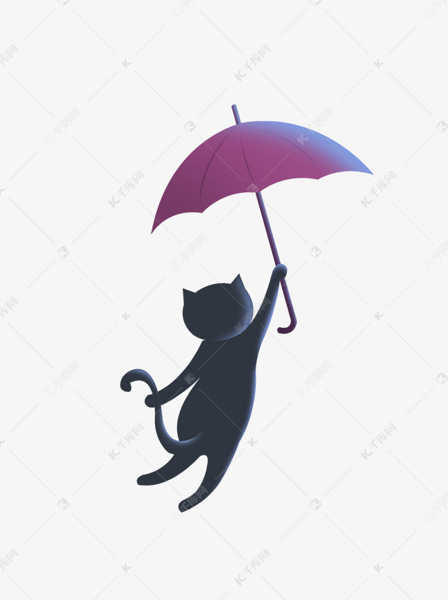 撑伞飞起来的黑猫背影