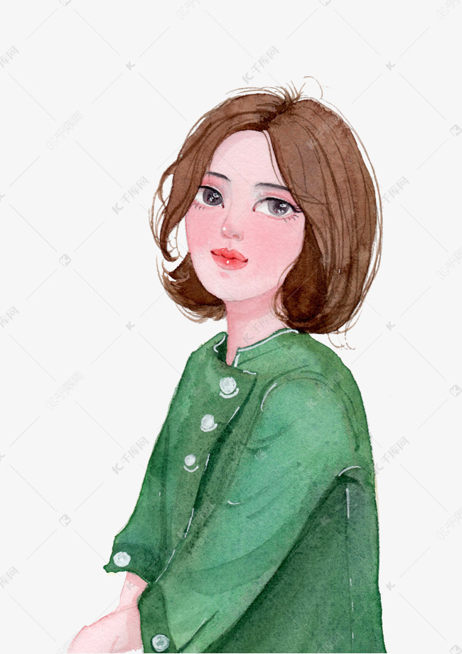 水彩绿衣短发女孩
