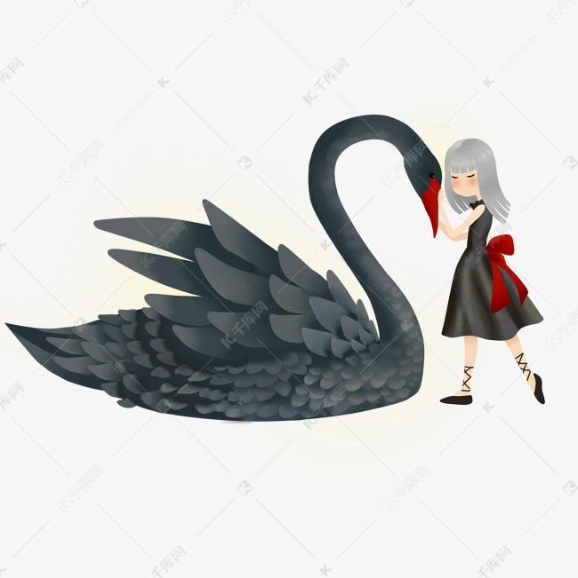 卡通手绘梦幻黑天鹅和小女孩