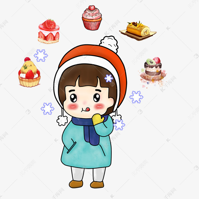 手绘卡通厚涂小女孩冬季嘴馋插画