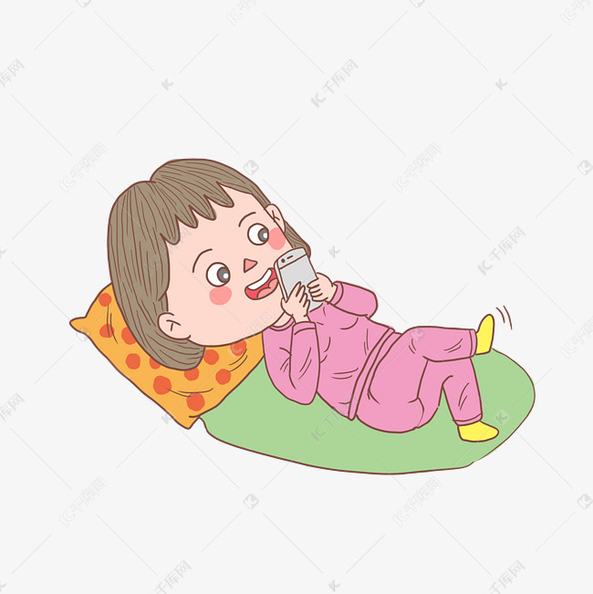 卡通手绘人物躺着玩手机女孩素材图片免费下载_高清