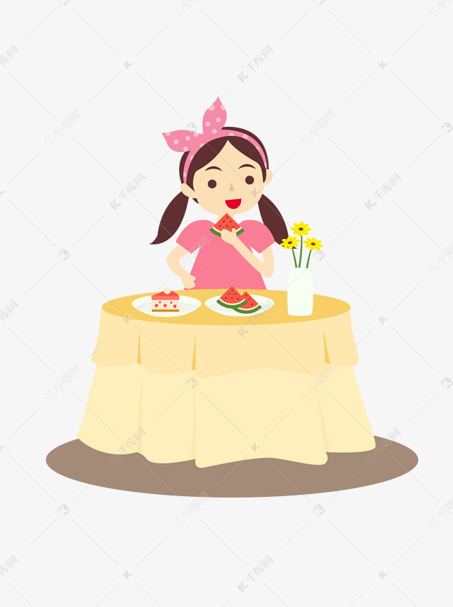 卡通手绘正在吃美食的女生矢量图