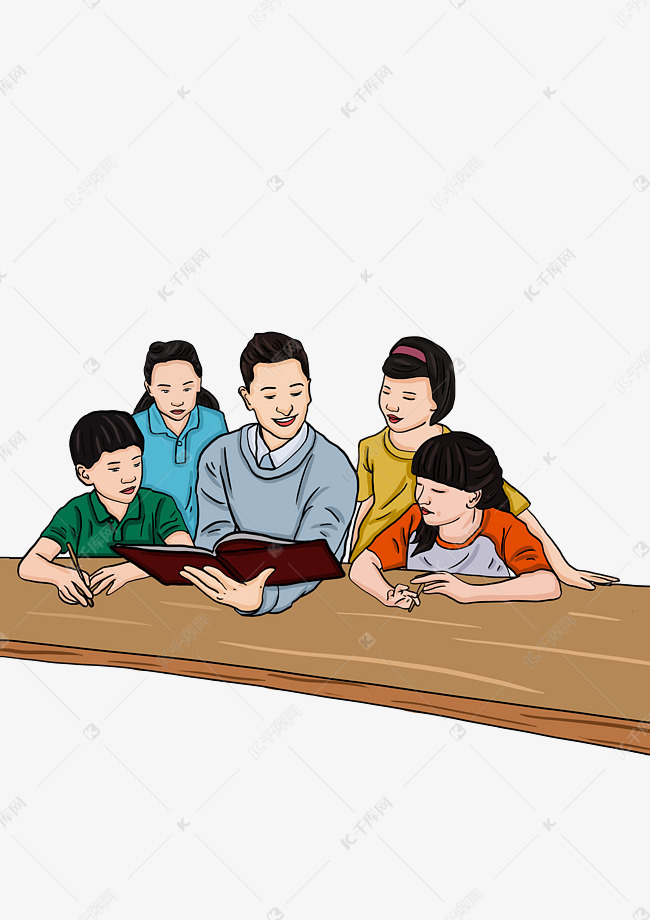 手绘卡通正在学习的学生和老师