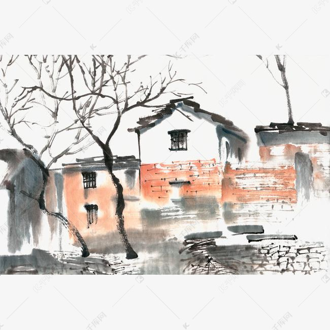 乡村房屋水墨画png免抠素材