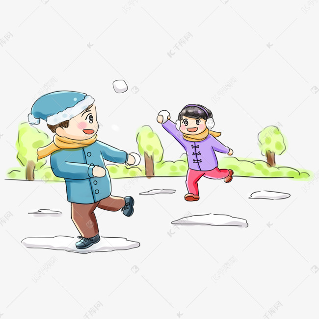 冬天冬季系列卡通手绘q版打雪仗