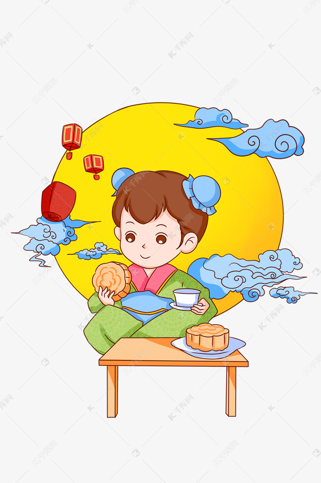 中秋节小女生吃月饼卡通人物