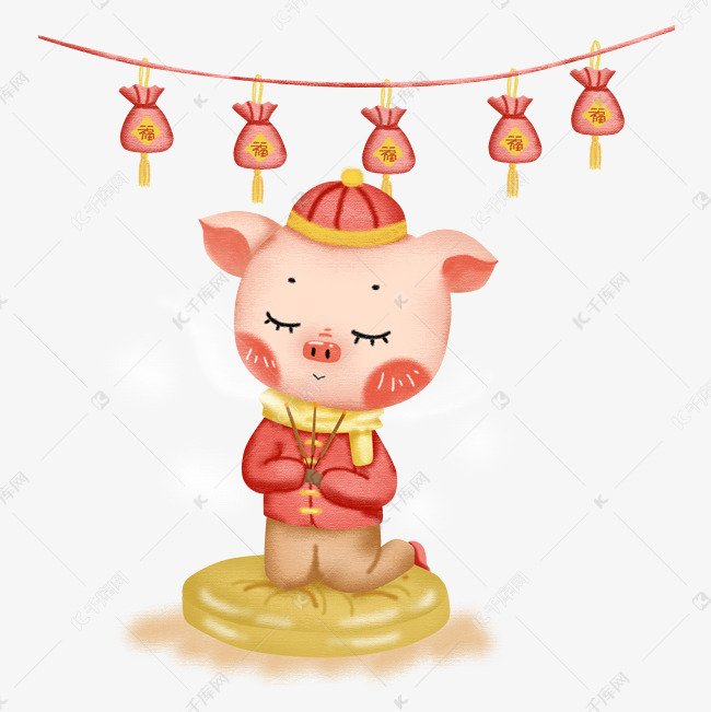 卡通蜡笔画猪年拜神烧香民间习俗祝福png