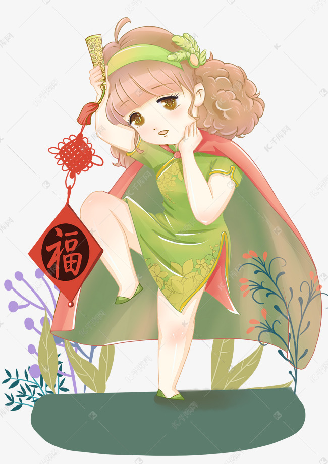 适合绿衣服插画女生女孩手绘开奔驰的图片