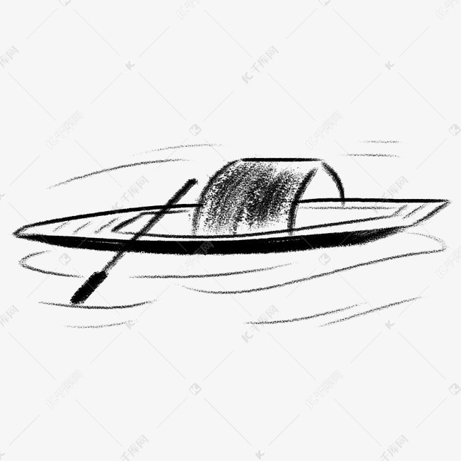 手绘水墨乌篷船插画