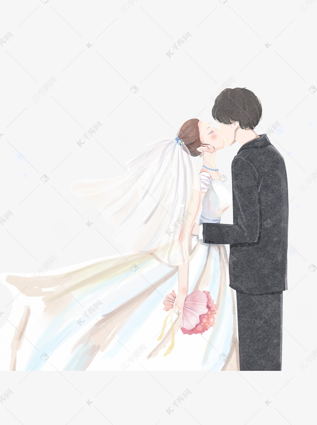 免抠元素 卡通人 浪漫唯美接吻的新郎新娘