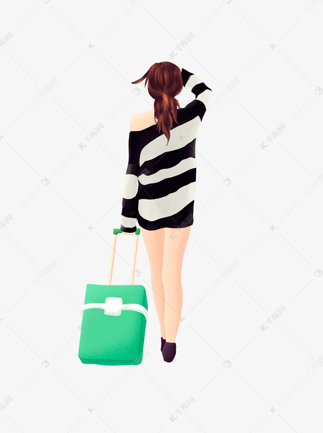 拖着行李箱的女人插画元素