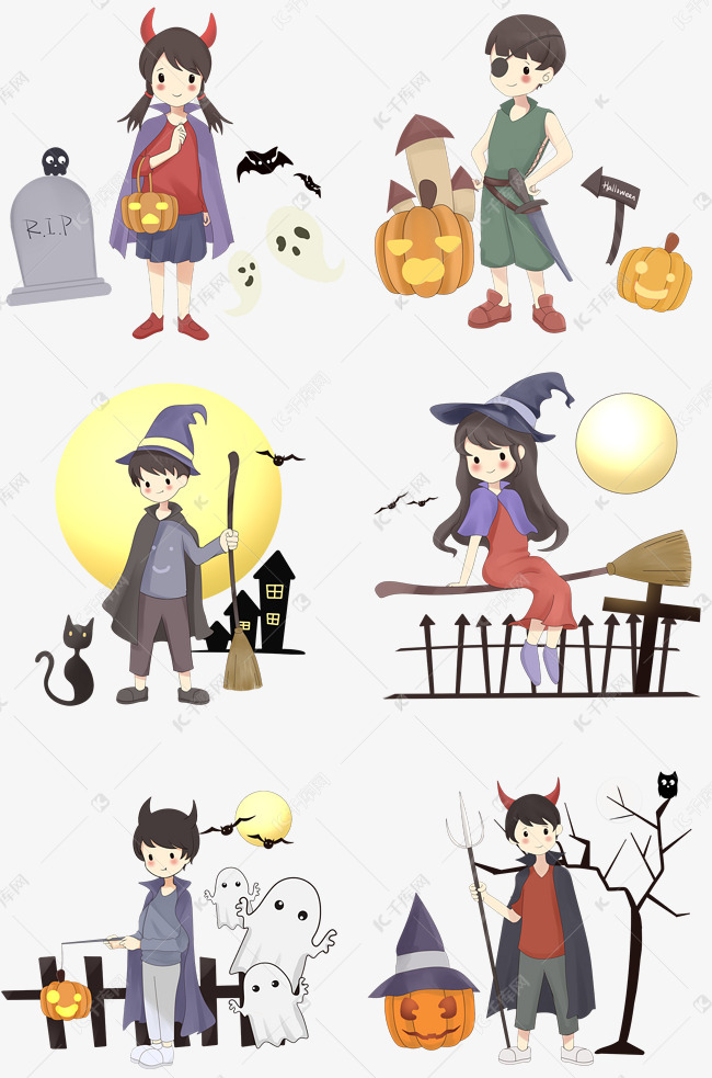 万圣节人物南瓜灯手绘插画
