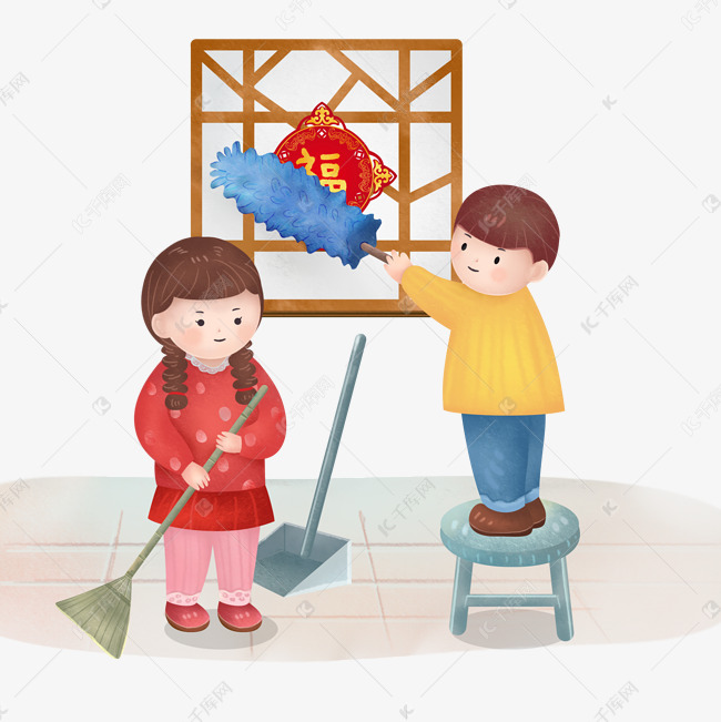 中国风过年传统习俗孩子们打扫卫生素材图片免费下载