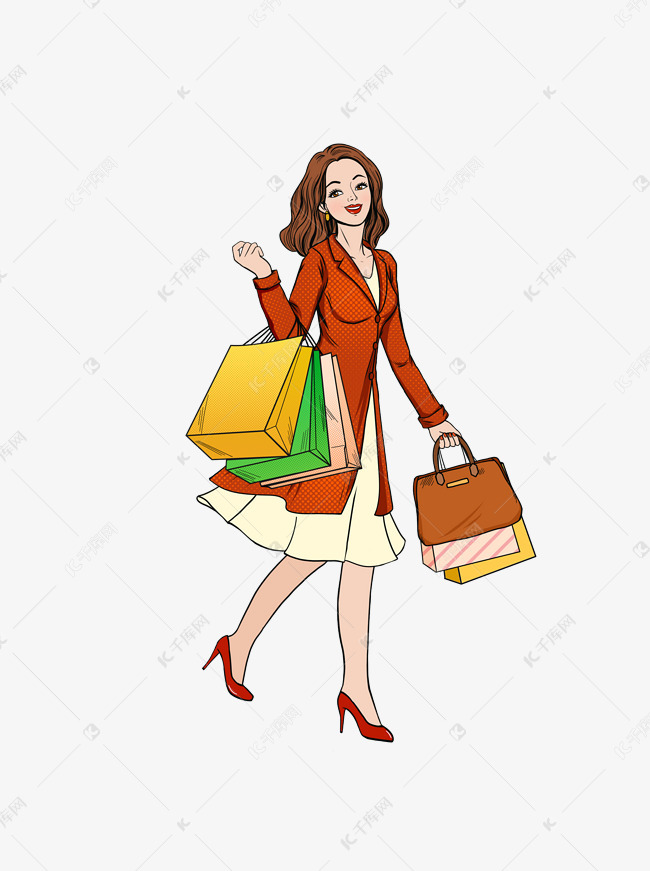手绘购物的女性人物设计可商用元