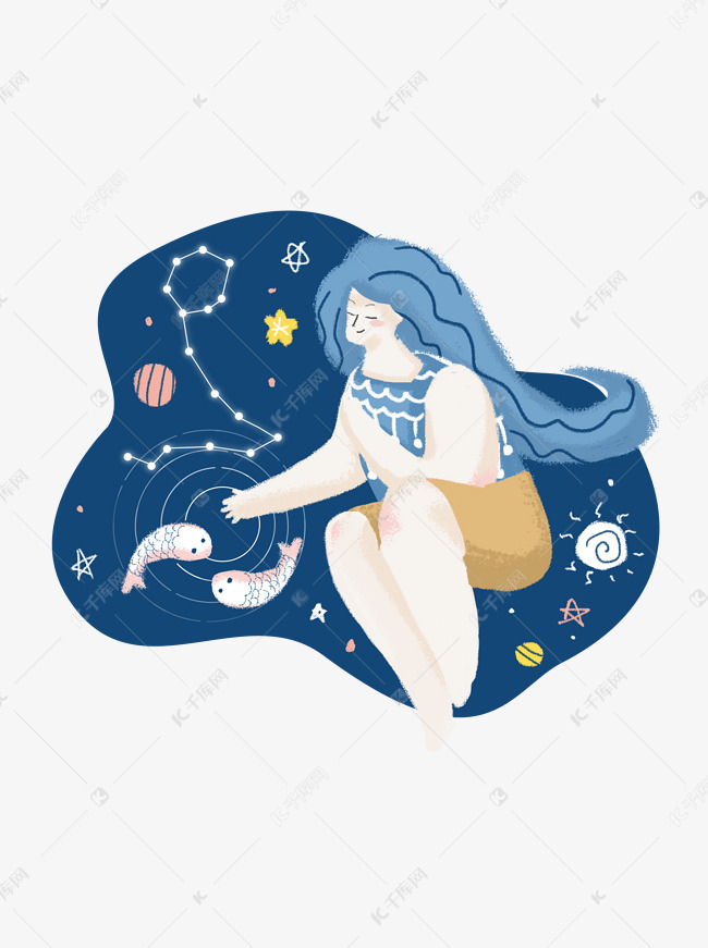十二星座插画手绘简约女孩个性元素双鱼座月亮摩羯座弱图片