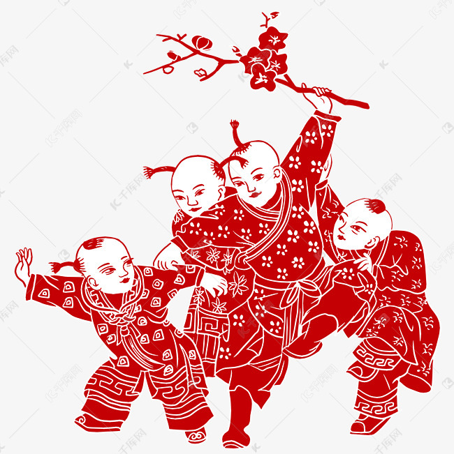 手绘剪纸中国风复古插画