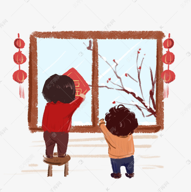 小孩贴窗花迎新年