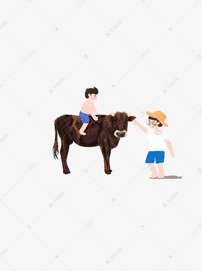 坐在牛背上的小男孩和摸牛的男孩