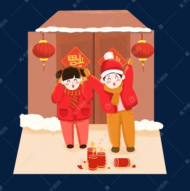 新年玩乐儿童插画手绘放鞭炮