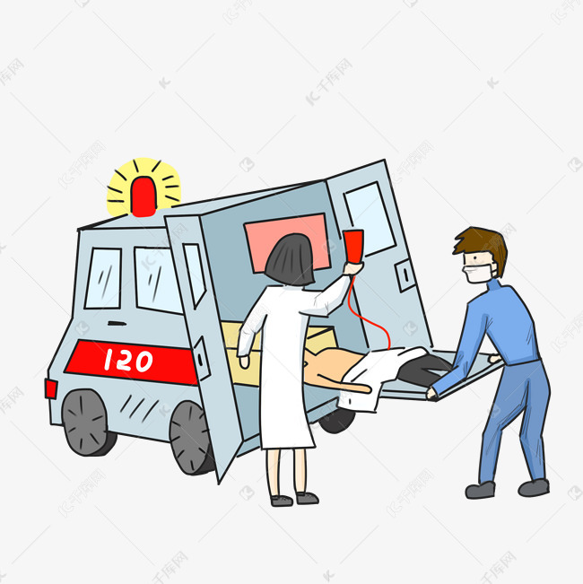 急救人员救护车卡通手绘插画
