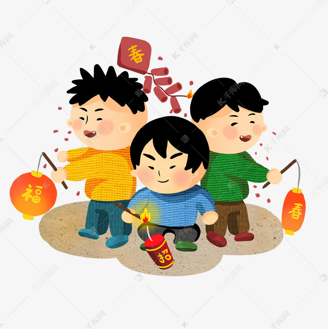 手绘新年小朋友们放鞭炮素材图片免费下载-千库网