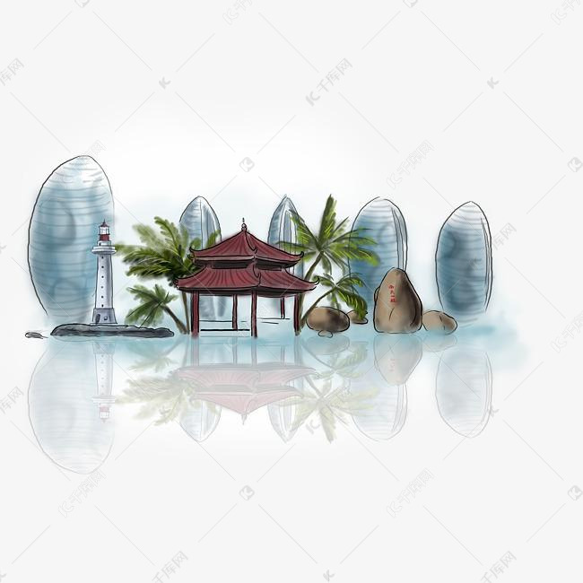 手绘三亚地标建筑
