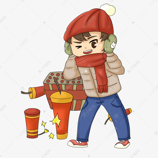 新年放鞭炮的小男孩