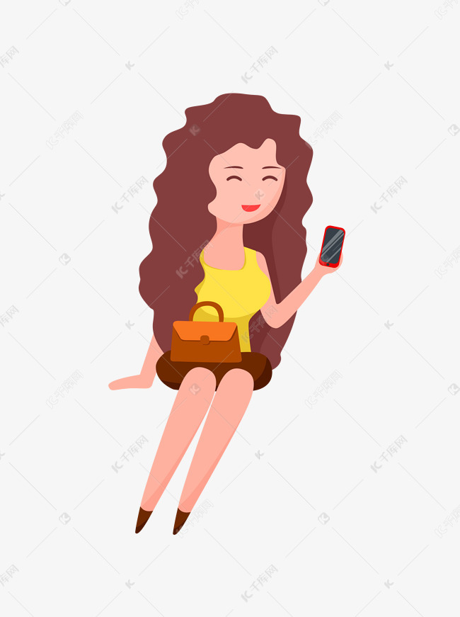 手绘卡通举着手机微笑的大波浪卷发美女素材图片免费下载-千库网