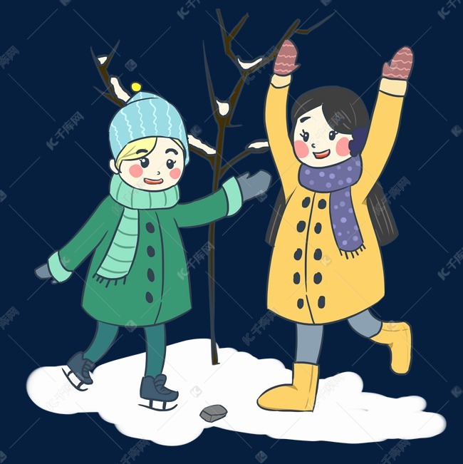 暖冬童话少女风卡通手绘滑雪