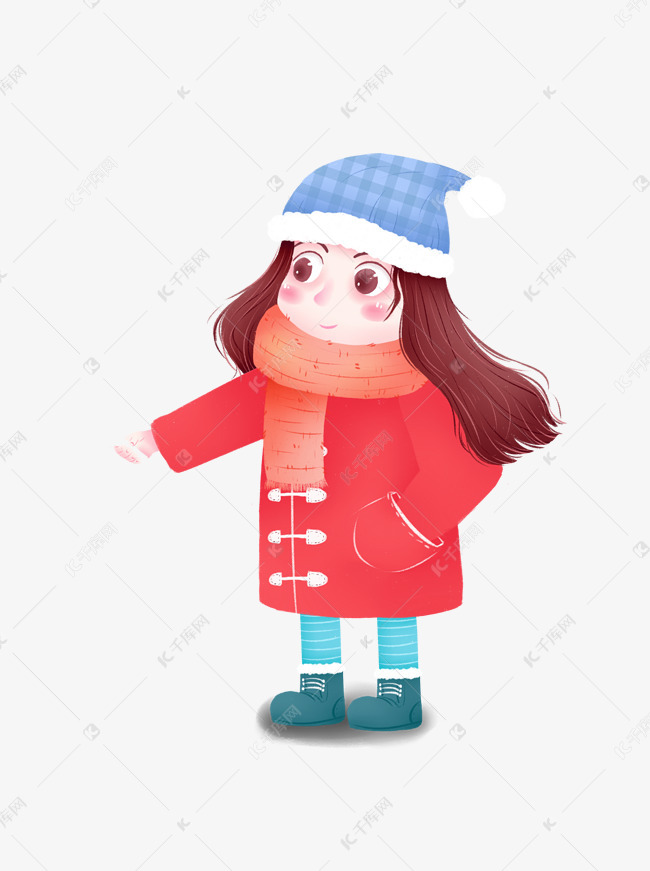 手绘卡通红色棉衣的长发可爱冬装女孩素材图片免费-千