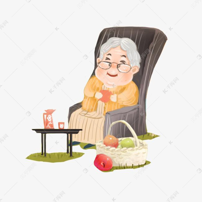 卡通手绘坐在椅子上喝茶的老奶奶