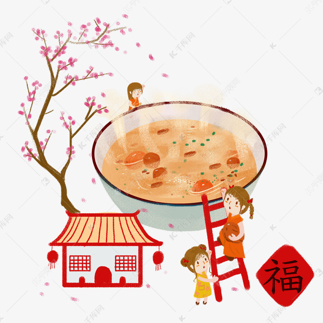 手绘腊八节喝粥的女孩插画