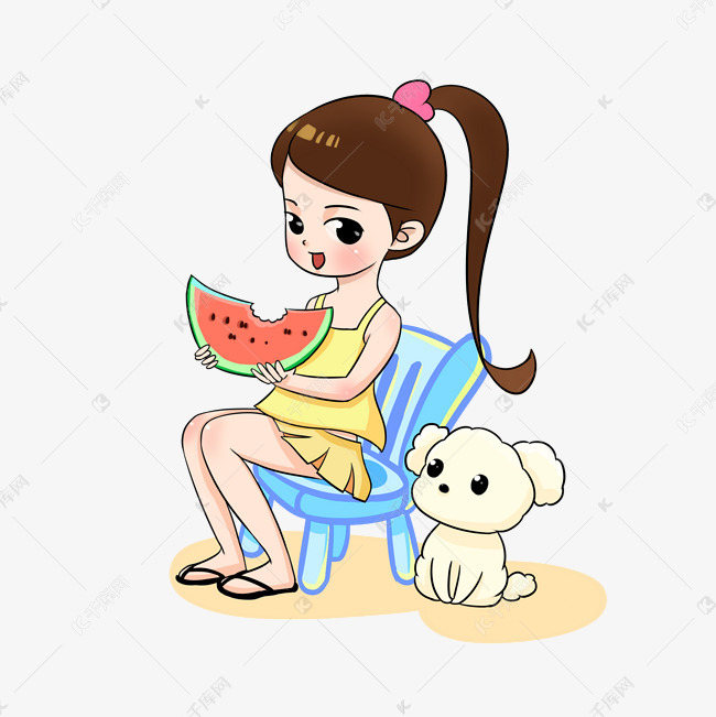 手绘吃西瓜小女孩场景插画
