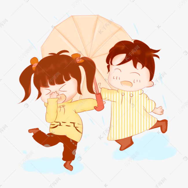 雨水节气小孩踩水场景