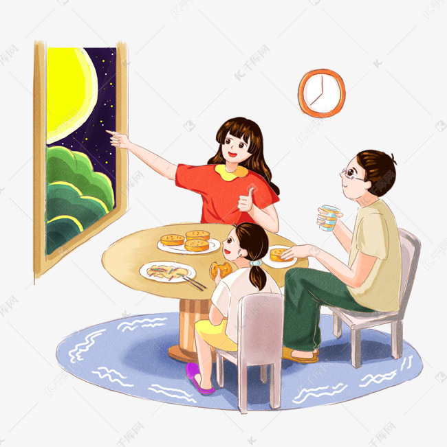 卡通一家人边吃月饼边赏月免抠图