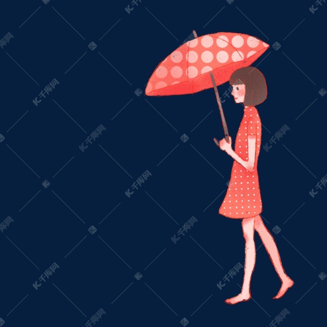 手绘可爱小姑娘雨中漫步
